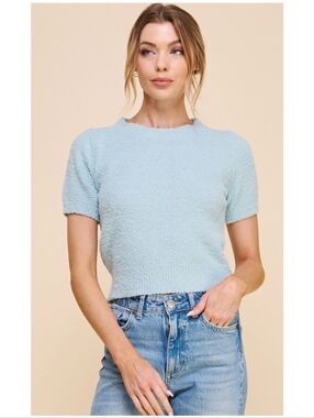 Allie Rose Soft Cloud Short Sleeve Sweater Cropped Top Winter Sky Blue Large